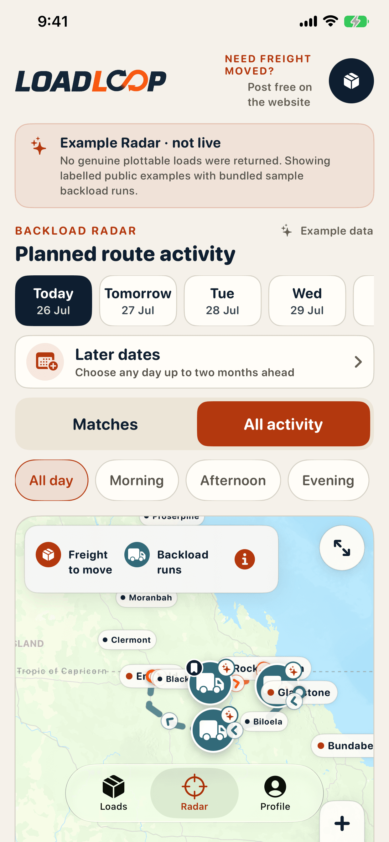 LoadLoop iPhone Backload Radar displaying clearly labelled example route activity